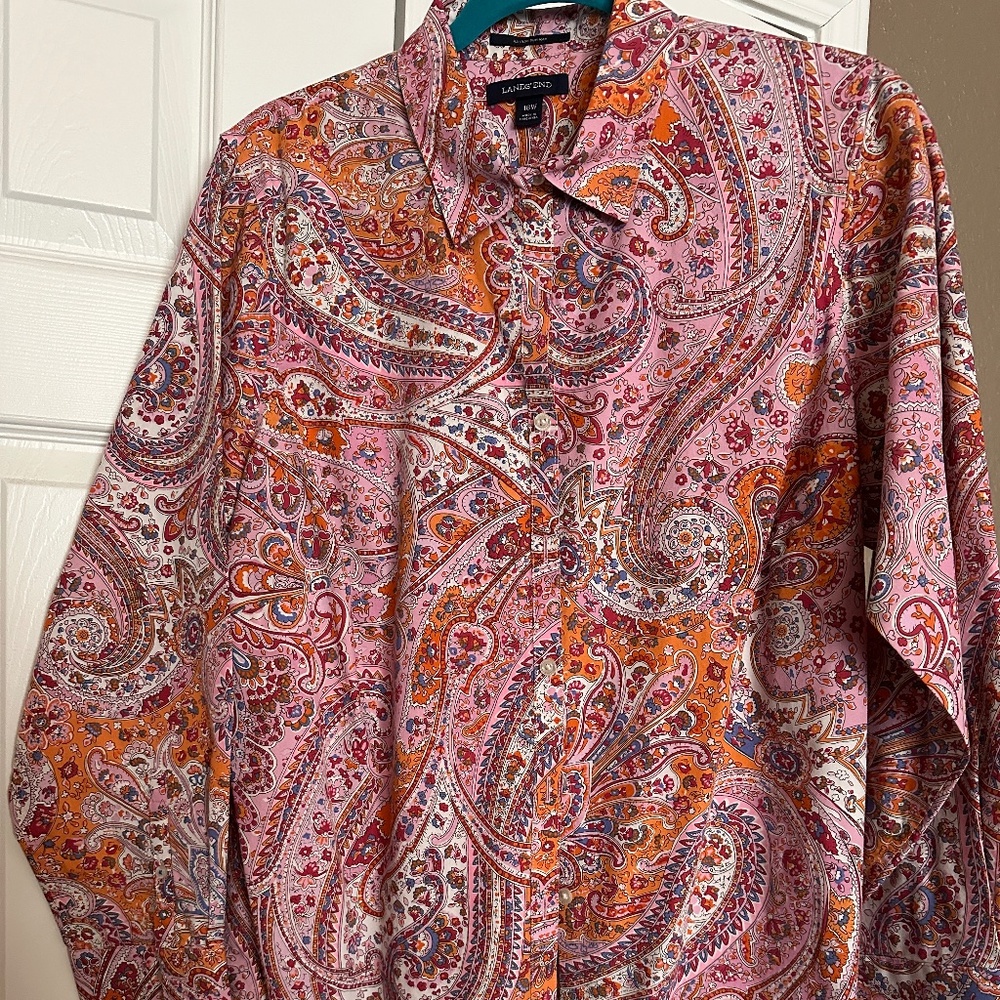 Lands' End 18W No Iron 100% Supima Cotton Paisley Long Slv Button Down Top